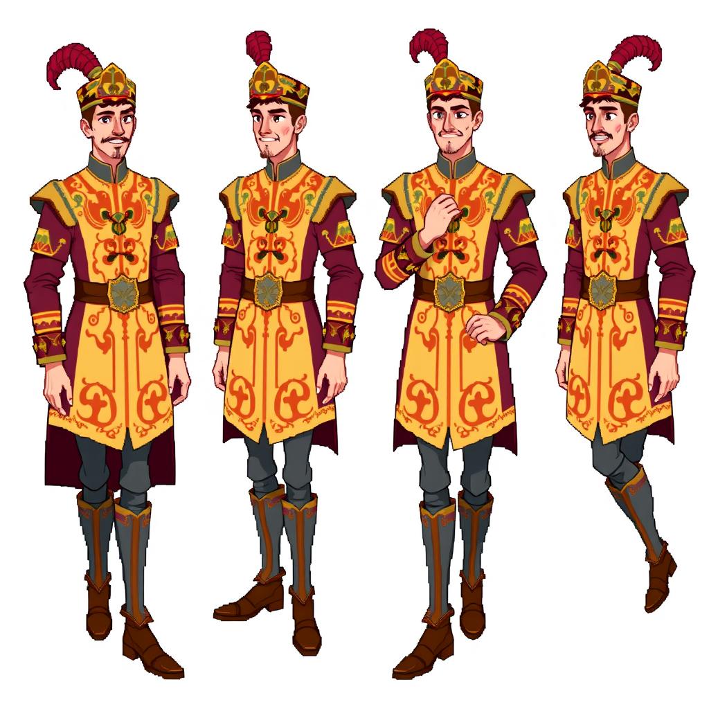 A collection of 4 different 8-bit pixel art characters depicting a tall male medieval courtier in various walking poses