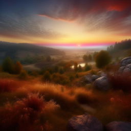 Craft an enhanced, realistic, and luminous landscape showcasing the fleeting beauty of dawn, capturing the subtle transformation of sky colours and the serene atmosphere.