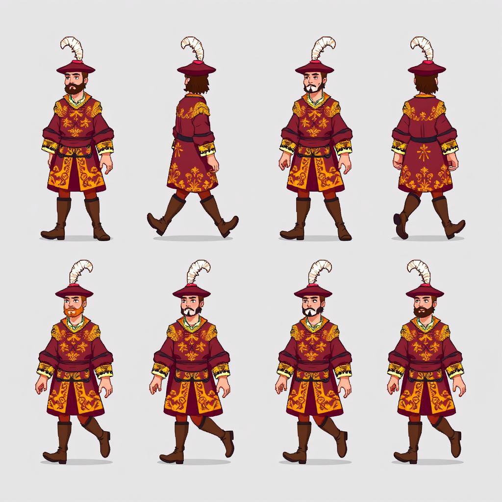 A storyboard consisting of 8 framesillustrating a male medieval courtier in 8-bit pixel art, each frame showcasing a different walking pose