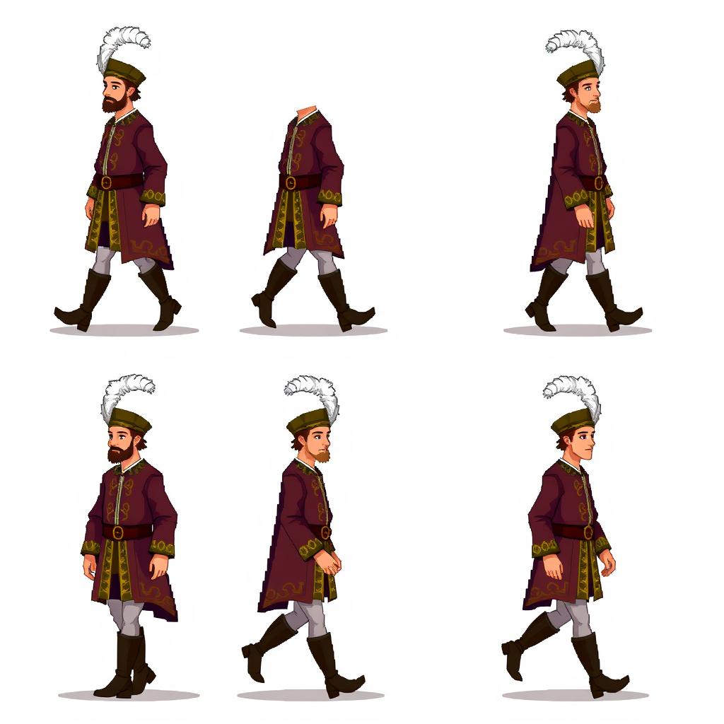 A storyboard consisting of 8 frames illustrating a male medieval courtier in 8-bit pixel art, with each frame displaying a distinct and correct walking pose
