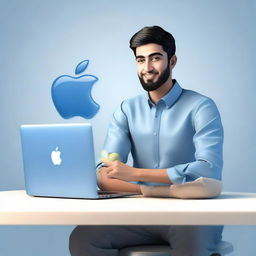 A 3D illustration of a 25 year old man dressed in traditional Pakistani attire, casually sitting beside a blue Apple MacBook. Next to him, there's a visible logo of the social media company Facebook.