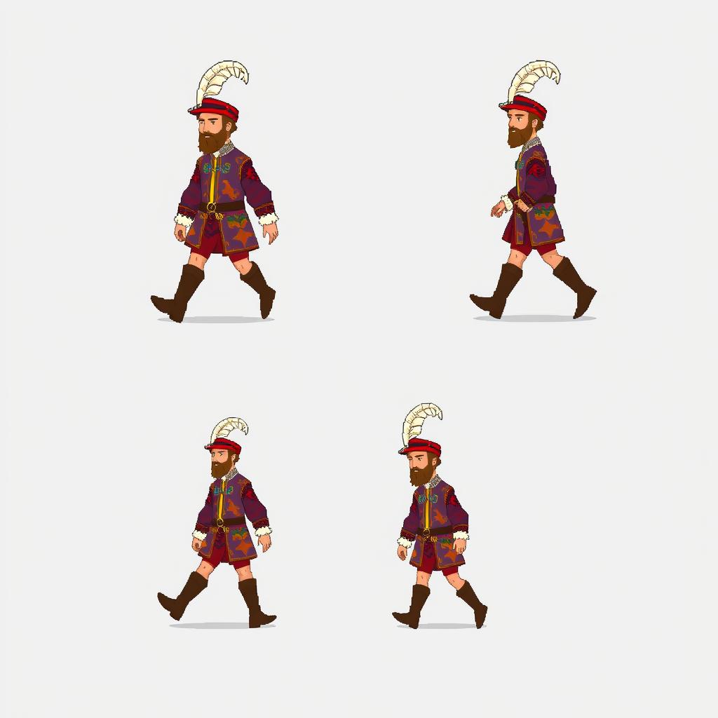 A storyboard featuring 4 frames for an animation depicting a male medieval courtier in 8-bit pixel art, each frame illustrating a different stage of his walk