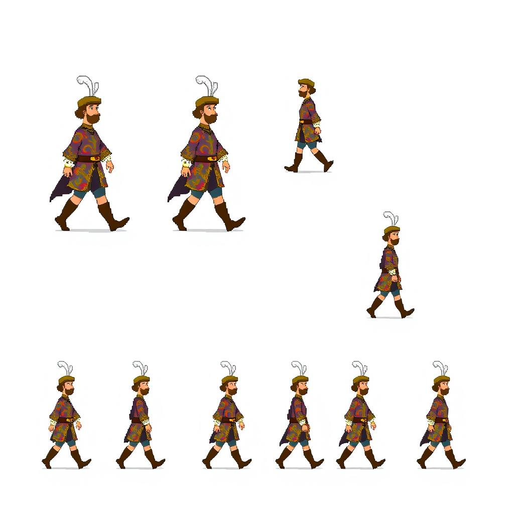 A storyboard featuring 16 frames for an animation depicting a male medieval courtier in 8-bit pixel art, with each frame illustrating a different stage of his walk