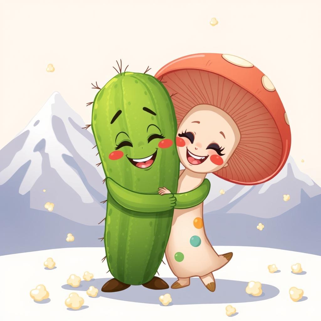 A whimsical, Disney-style illustration featuring a male cactus character and a female mushroom character, both anthropomorphized with friendly, appealing human forms