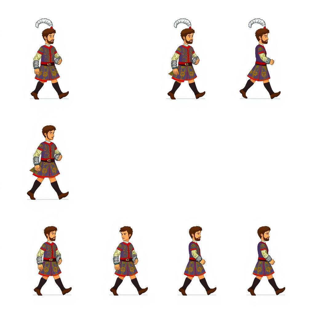 A storyboard featuring 9 frames for an animation depicting a male medieval courtier in 8-bit pixel art, showcasing a walking animation that moves both left and right