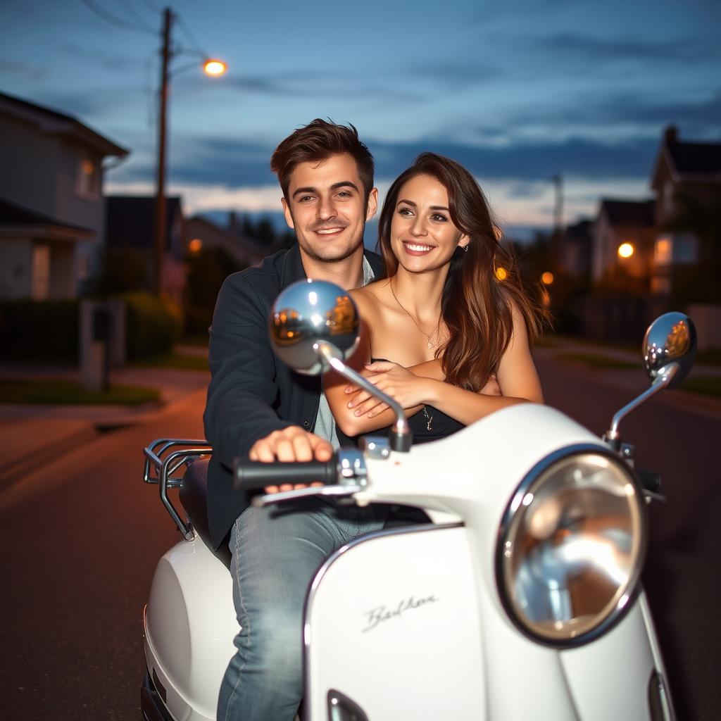 A young couple on a white classic scooter at dusk, with the man sitting in front wearing a slight smile