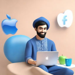 A 3D illustration of a 25 year old man dressed in traditional Pakistani attire, casually sitting beside a blue Apple MacBook. Next to him, there's a visible logo of the social media company Facebook.