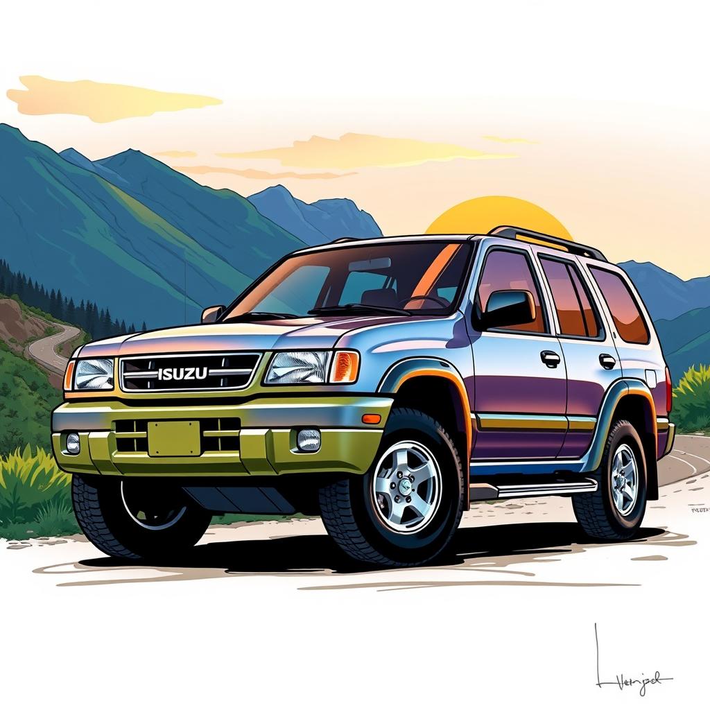 A vivid and detailed illustration of a 2000 Isuzu Rodeo, showcasing its sleek, rugged design and distinct color palette from that era