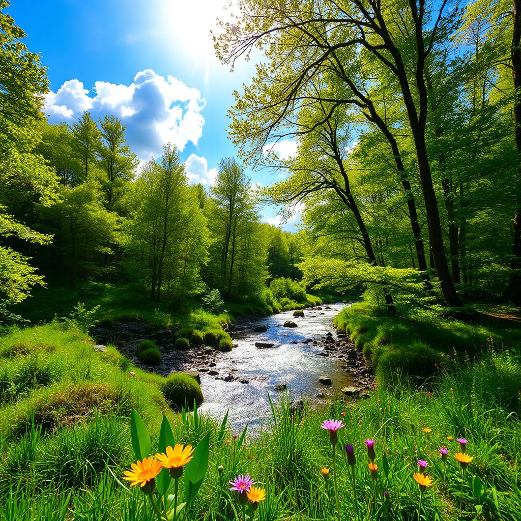 A serene forest landscape bathing in golden sunlight, with vibrant green trees swaying gently in a soft breeze