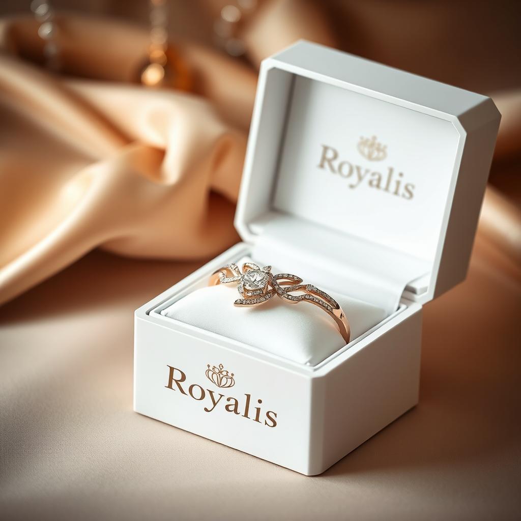 A luxurious and elegant scene featuring a white open box displaying a diamond bracelet inside