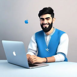 A 3D illustration of a 25 year old man dressed in traditional Pakistani attire, casually sitting beside a blue Apple MacBook. Next to him, there's a visible logo of the social media company Facebook.