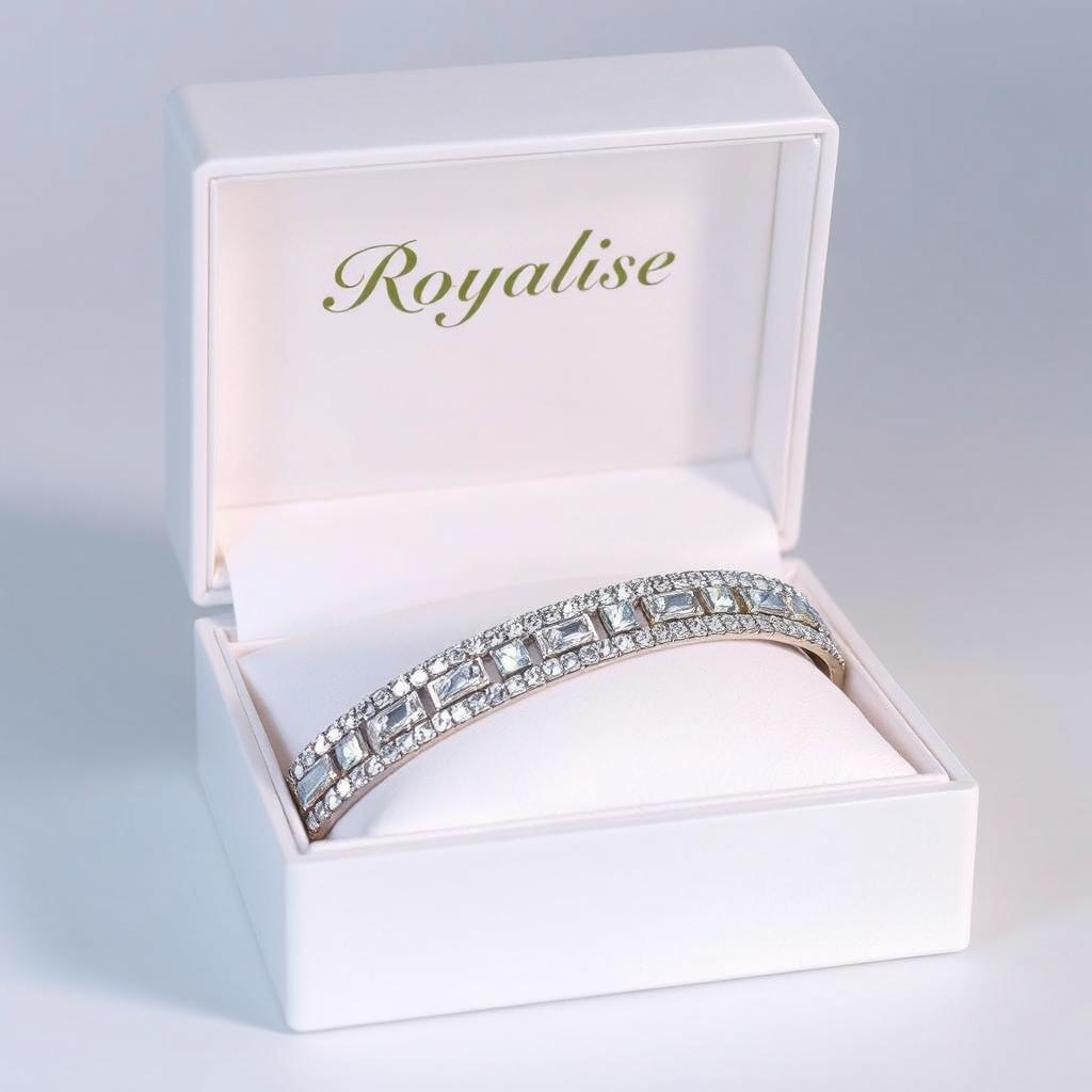 An open white jewelry box featuring the brand logo 'Royalise' elegantly displayed on the lid