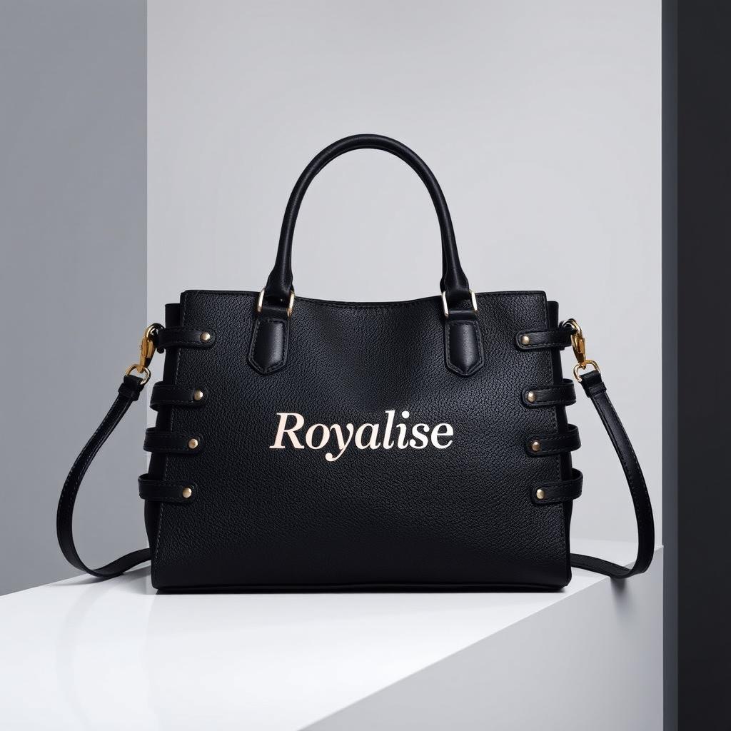 A stylish black handbag adorned with the brand logo 'Royalise' prominently displayed
