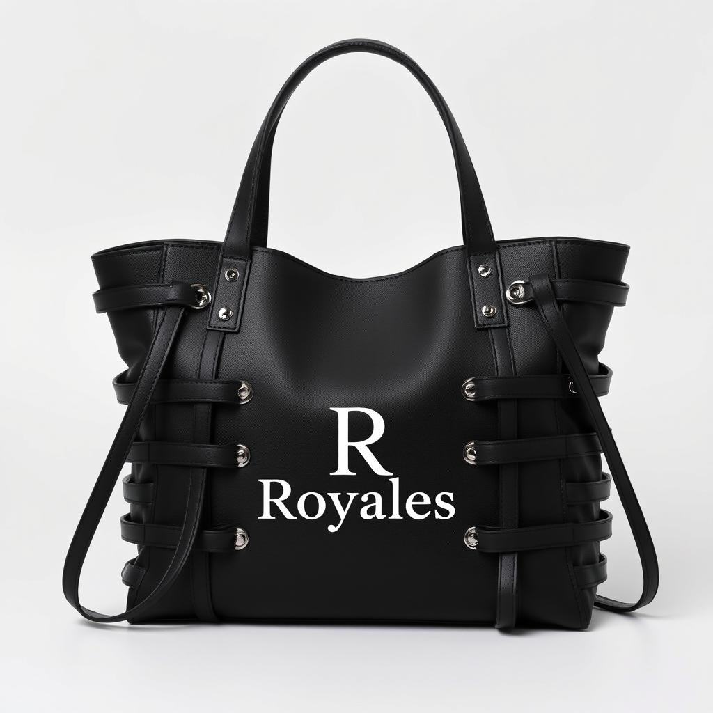 A stylish black bag showcasing the brand logo 'Royales', designed with an abundance of straps symmetrically placed on both sides, emphasizing a modern and fashionable aesthetic