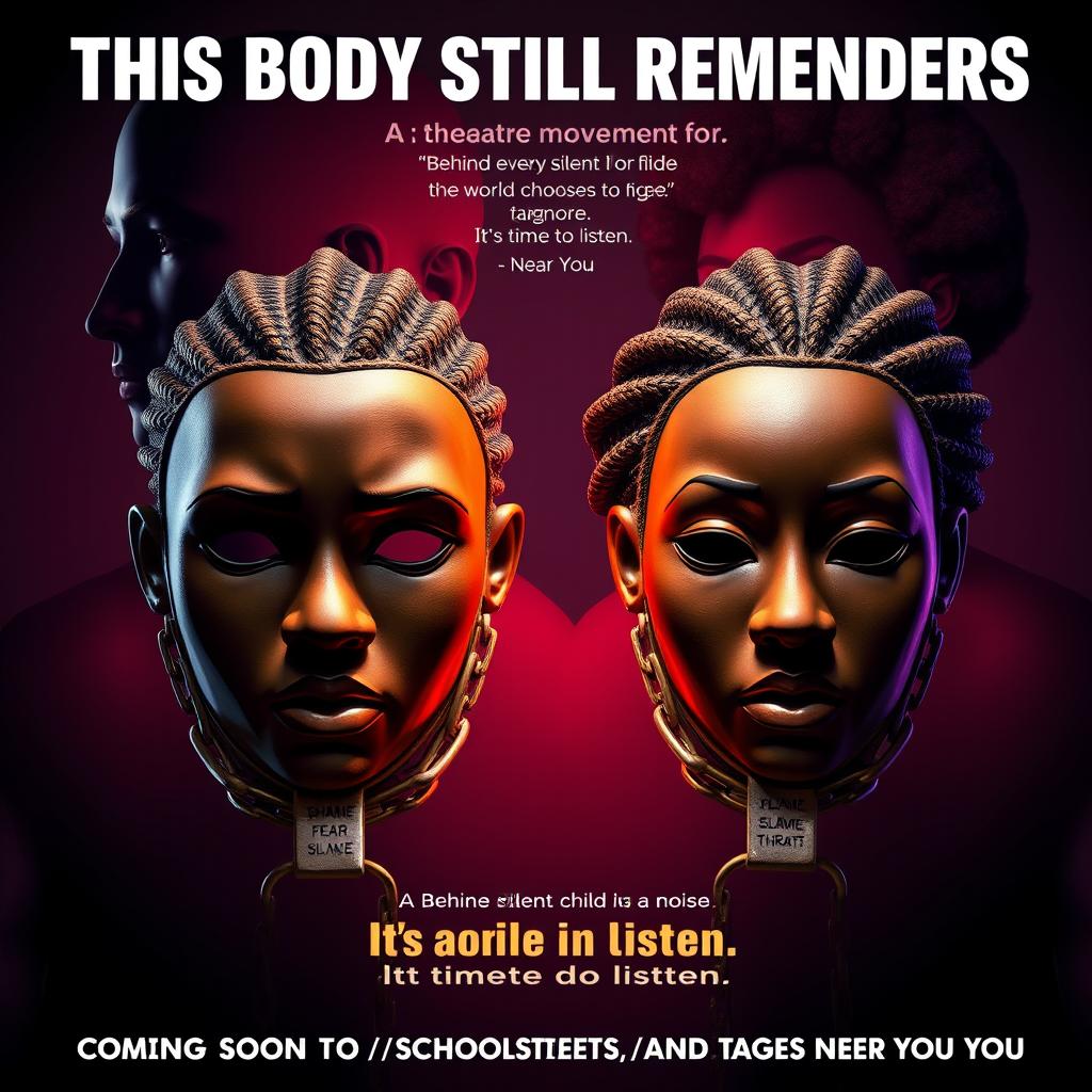 A powerful 3D poster featuring two realistic African theatre masks: one representing a boy and the other a girl with intricate cornrows