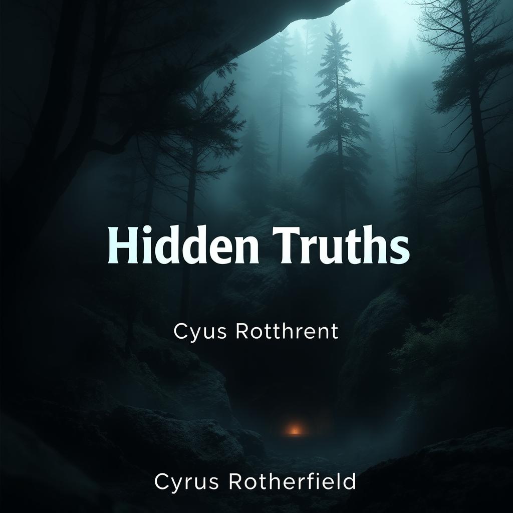 A realistic, slightly shadowy landscape featuring a misty forest with towering trees and a mysterious cave entrance, enticing viewers to explore hidden depths