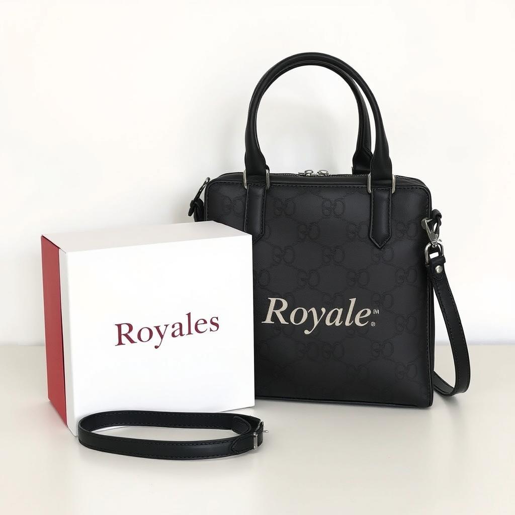 A modern and elegant square-shaped bag featuring the brand logo 'Royales', detailed with numerous stylish straps that enhance its contemporary design