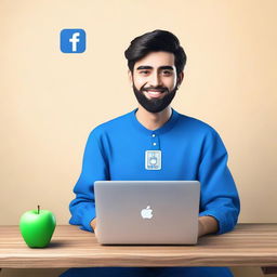 A 3D illustration of a 25 year old man dressed in traditional Pakistani attire, casually sitting beside a blue Apple MacBook. Next to him, there's a visible logo of the social media company Facebook.