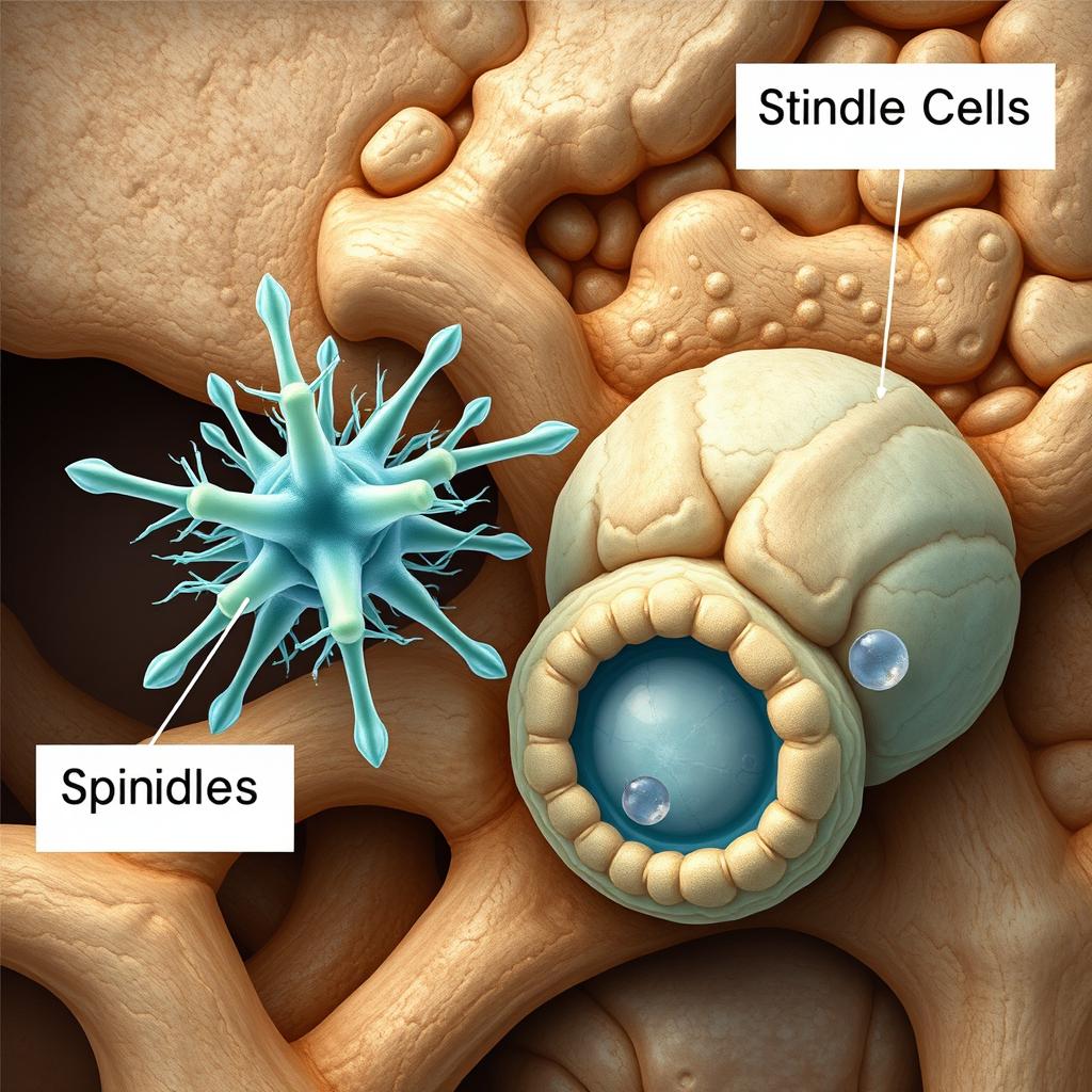 An artistic illustration of spindle cells and osteoclasts within the context of human anatomy