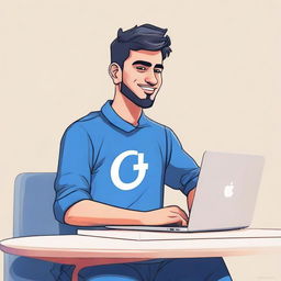 A 3D illustration of a 25 year old man named Zohaib Munir, dressed in traditional Pakistani attire, casually sitting beside a blue Apple MacBook. Next to him, there's a visible logo of the social media company Facebook.