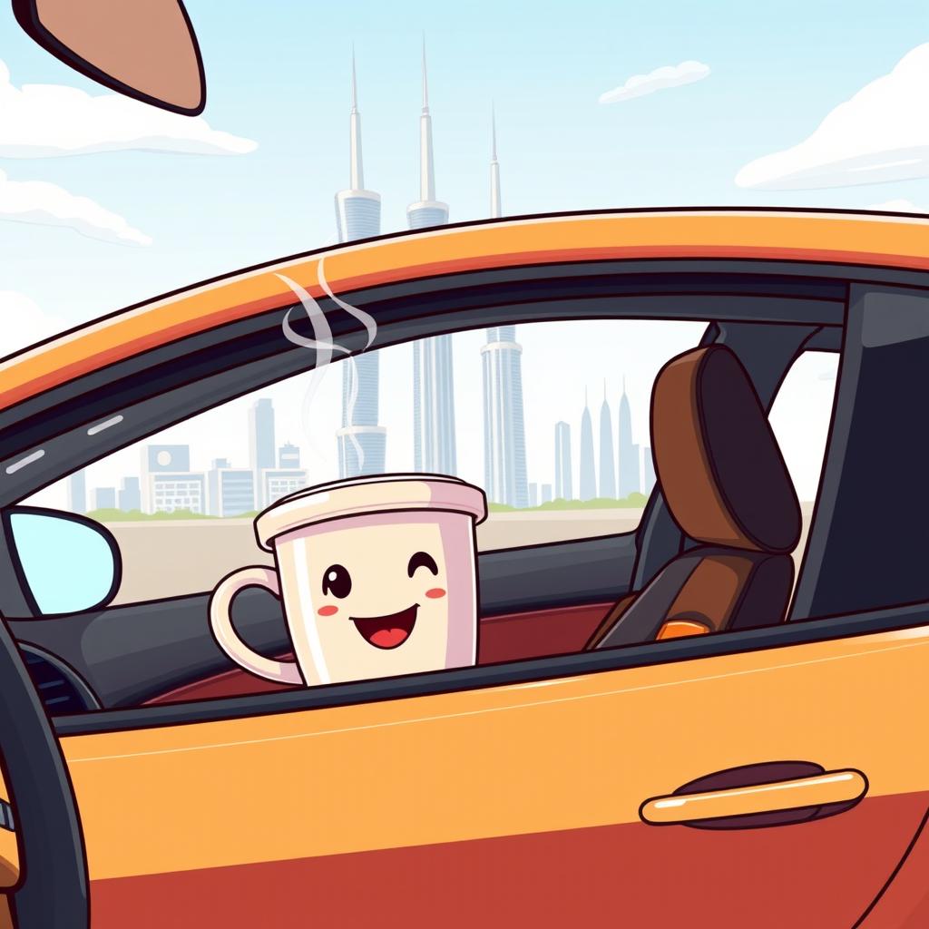 A cartoon-style image of a coffee cup sitting inside a modern car, with the iconic Kuwait Towers visible in the background