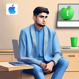 A 3D illustration of a 25 year old man named Zohaib Munir, dressed in traditional Pakistani attire, casually sitting beside a blue Apple MacBook. Next to him, there's a visible logo of the social media company Facebook.