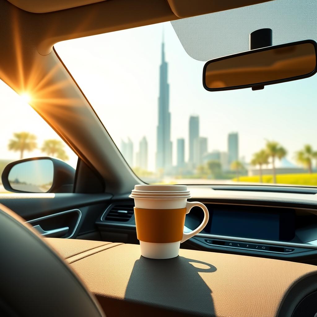 A cartoon-style coffee cup placed in the interior of a modern car with the iconic Kuwait Towers visible in the background