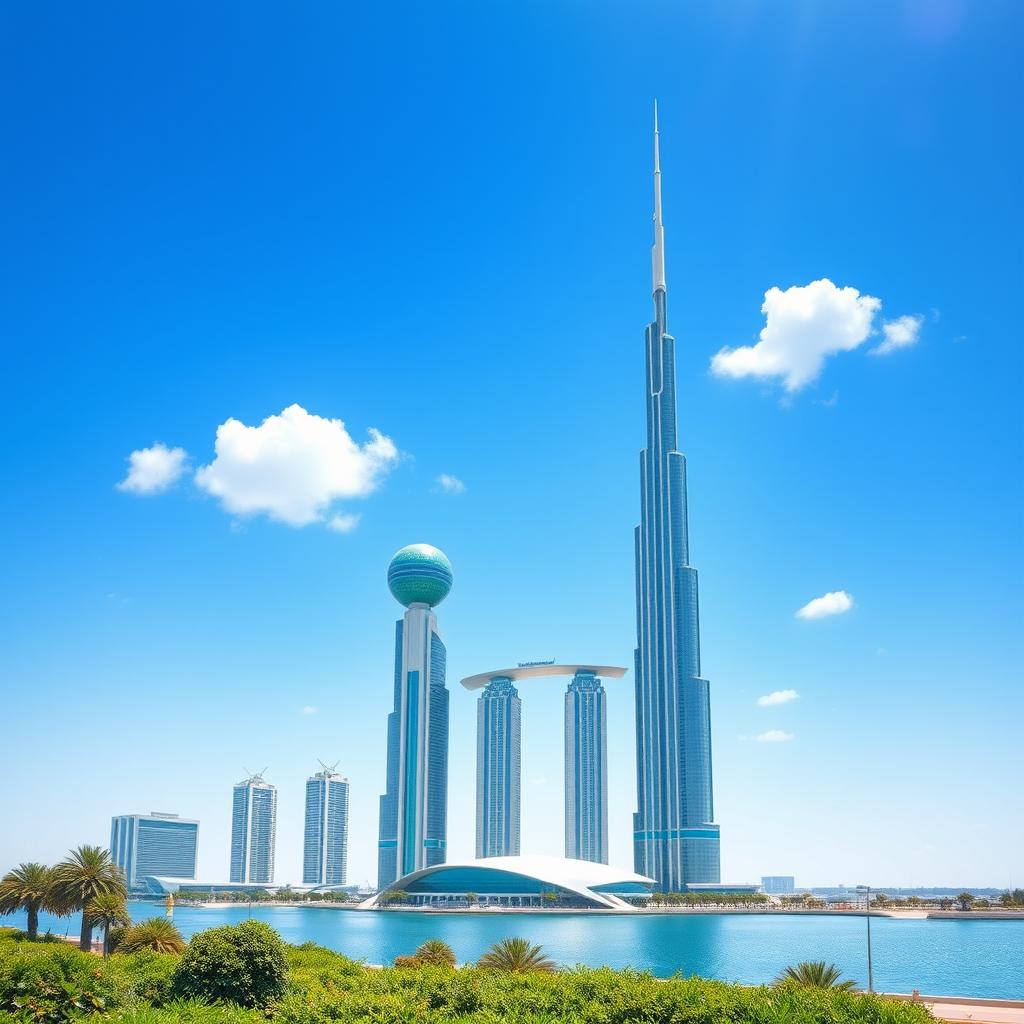 A realistic depiction of the Kuwait Towers, showcasing their iconic blue and green spheres and slender cylindrical structures against a bright blue sky