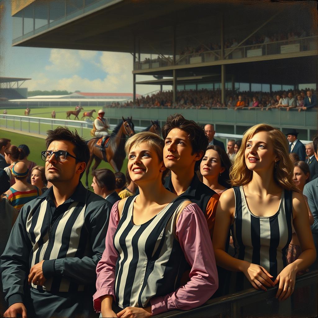 A scene at a bustling horse racetrack featuring male and female spectators dressed in unique straitjackets, observing the thrilling races with excitement