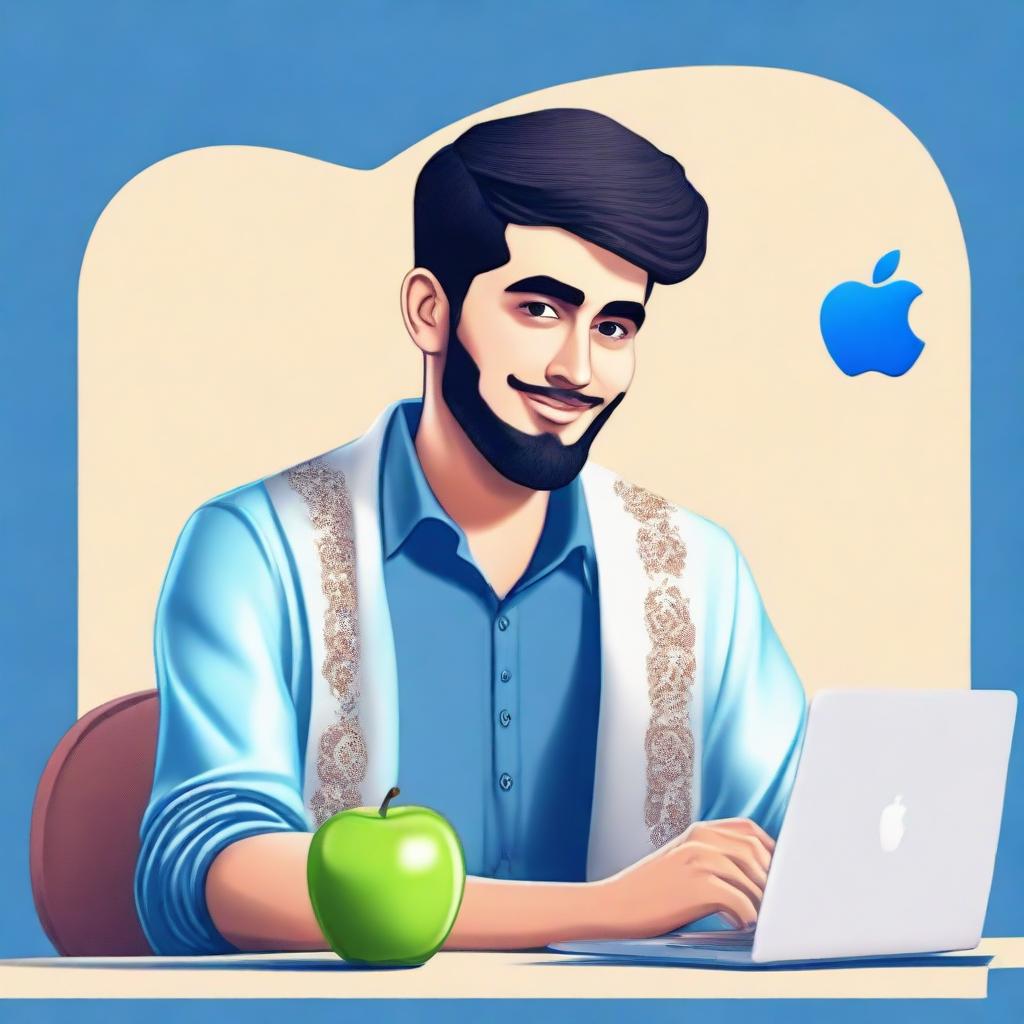 A 3D illustration of a 25 year old man named Zohaib Munir, dressed in traditional Pakistani attire, casually sitting beside a blue Apple MacBook. Next to him, there's a visible logo of the social media company Facebook.