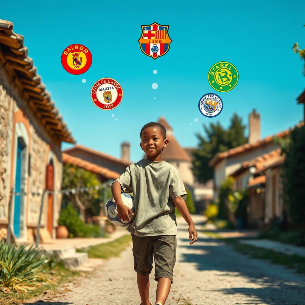 A photorealistic image of a child walking down a village street, carrying a soccer ball under their arm