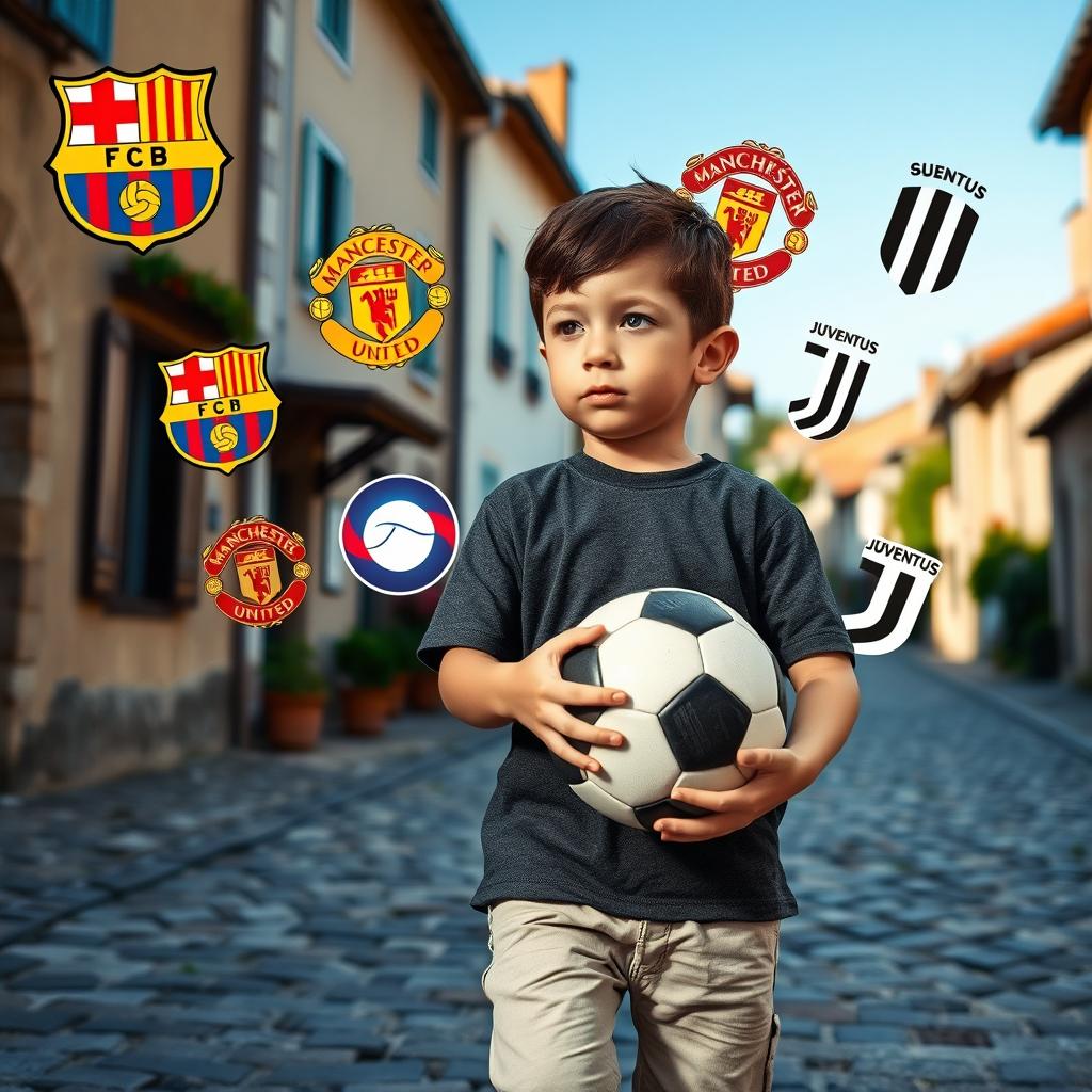 A realistic photograph of a child walking through a village street, holding a soccer ball under their arm