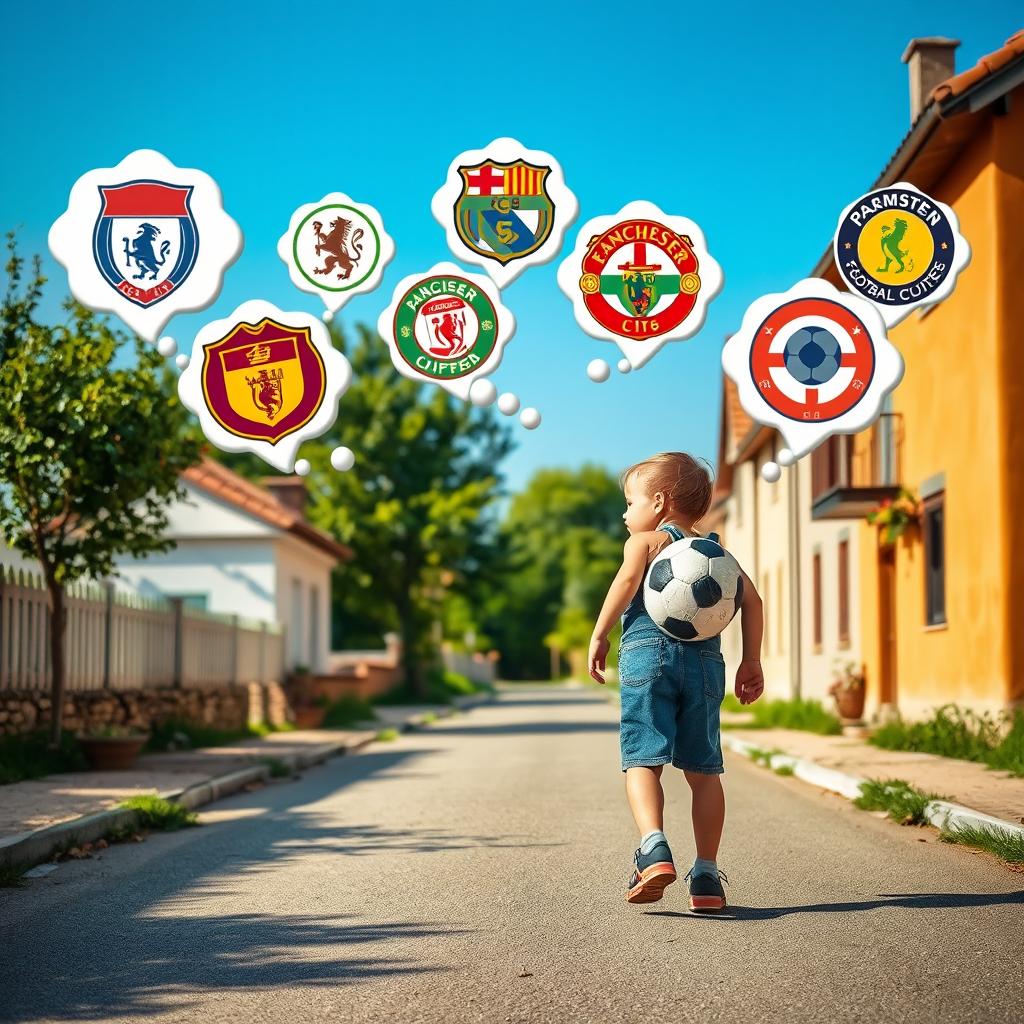 A realistic photo of a child walking down a village street with a soccer ball tucked under their arm