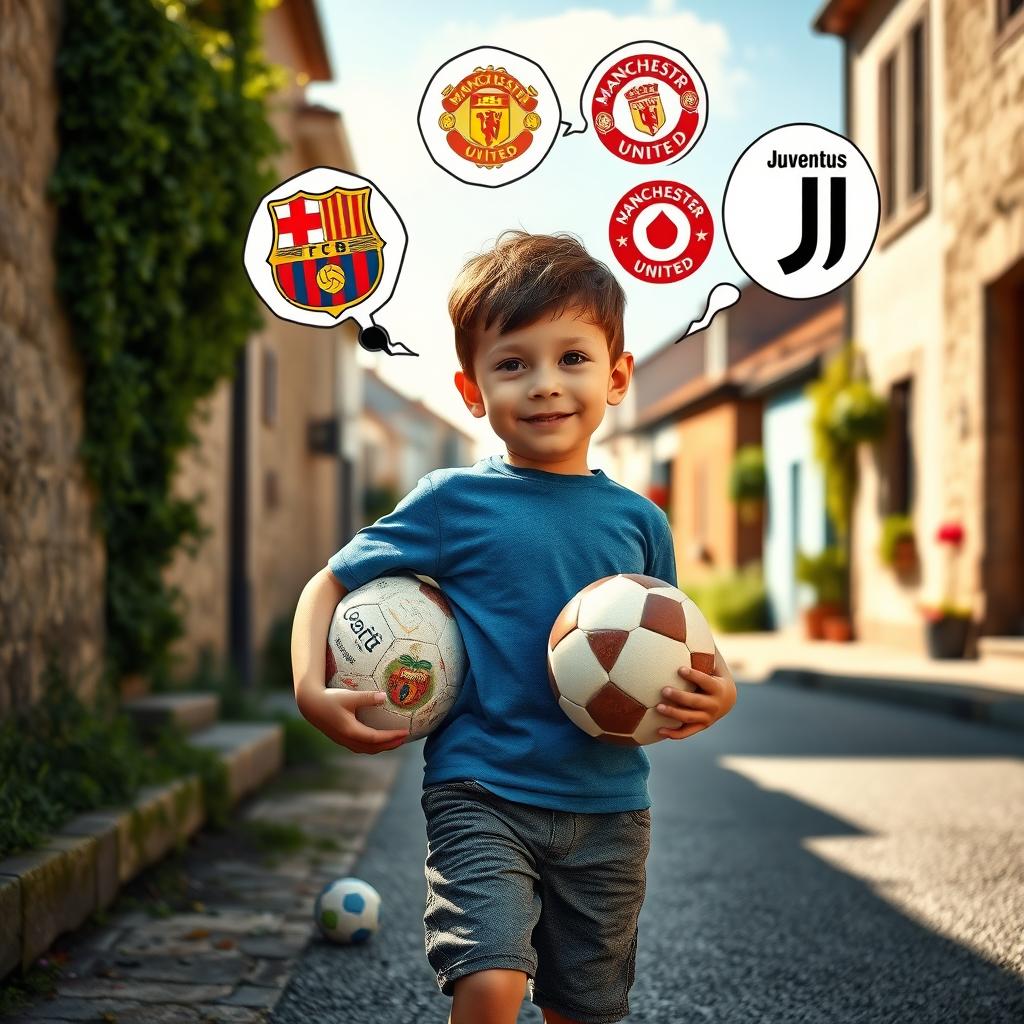 A photorealistic image of a child walking down a village street, holding a soccer ball under their arm