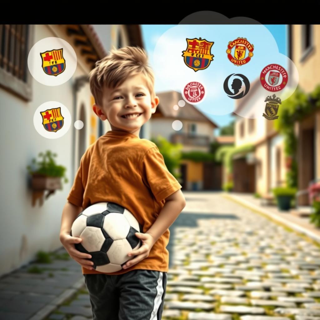 A photo-realistic image of a child walking through a charming village street with a soccer ball tucked under their arm