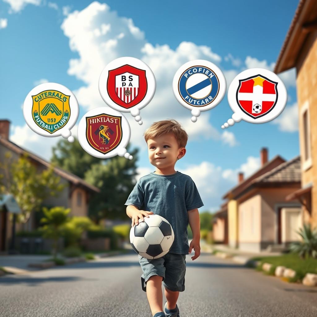 A photorealistic image of a young child walking down a village street with a soccer ball under their arm