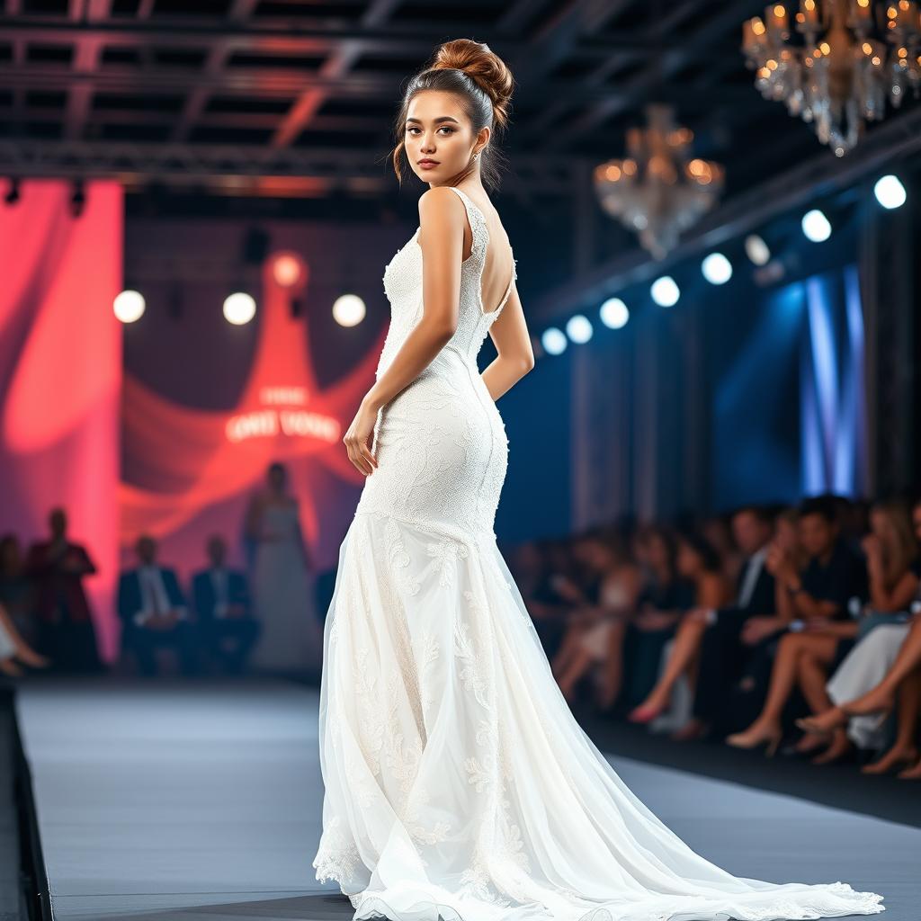A stunning girl walking confidently on a fashion show runway, adorned in a long, luxurious wedding dress that embodies modern elegance