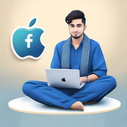 A 3D illustration of a 25 year old man named Zohaib Munir, dressed in traditional Pakistani attire, casually sitting beside a blue Apple MacBook. Next to him, there's a visible logo of the social media company Facebook.