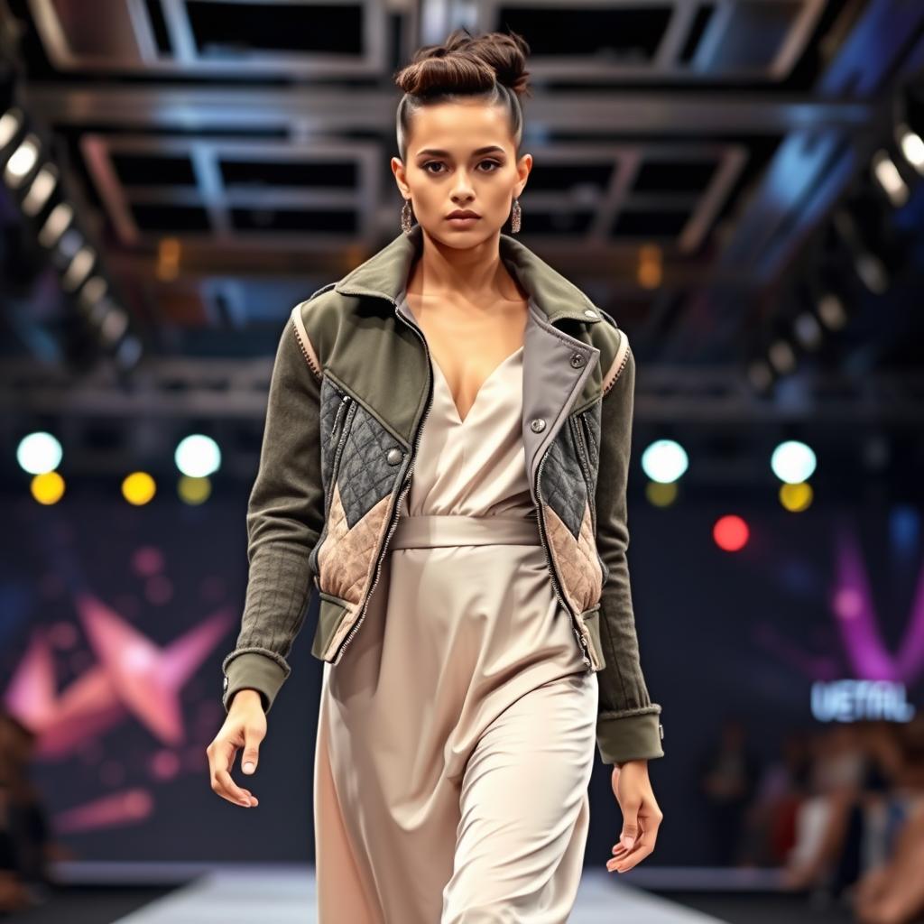 A fashion-forward girl strutting down a glamorous runway, dressed in a stylish jacket layered over an elegant dress
