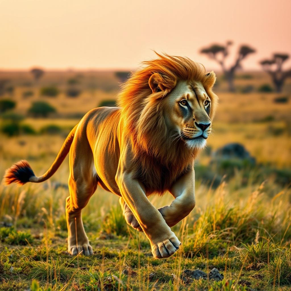 A majestic lion running gracefully across a savanna, its powerful muscles rippling under its golden fur