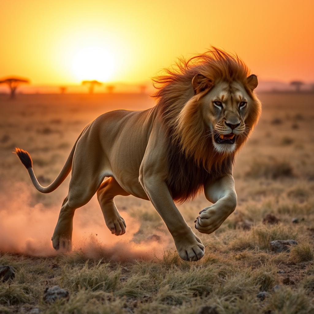 A majestic lion sprinting across a vast savanna landscape, its powerful muscles rippling beneath its golden fur
