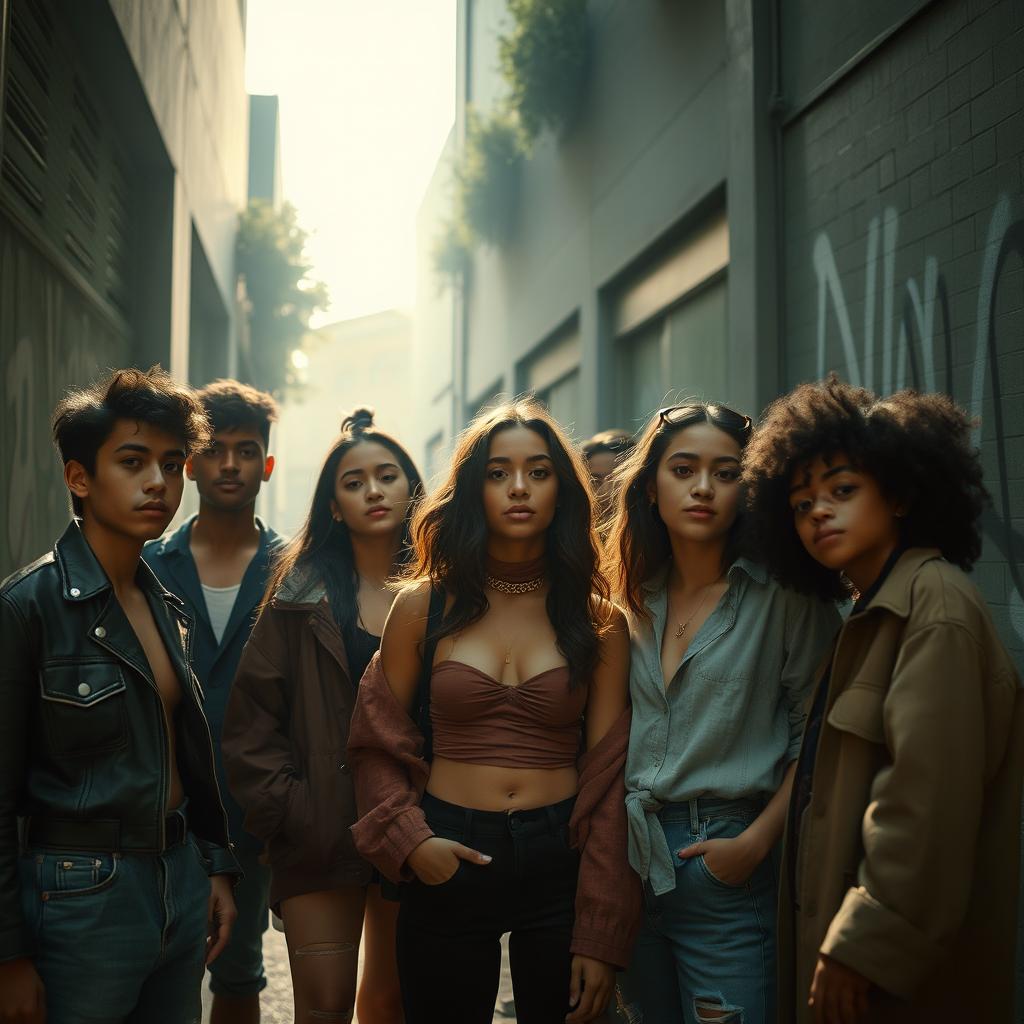 A moody, atmospheric scene capturing a group of diverse young adults in a stylish, contemporary urban setting reminiscent of an A24 film