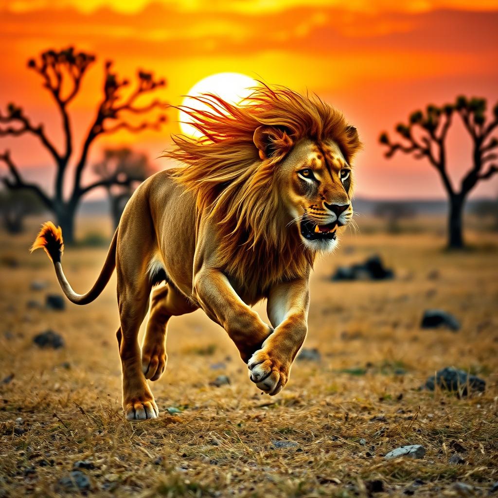 A majestic lion running gracefully across the savannah, its golden mane flowing in the wind and muscles rippling under its tawny fur
