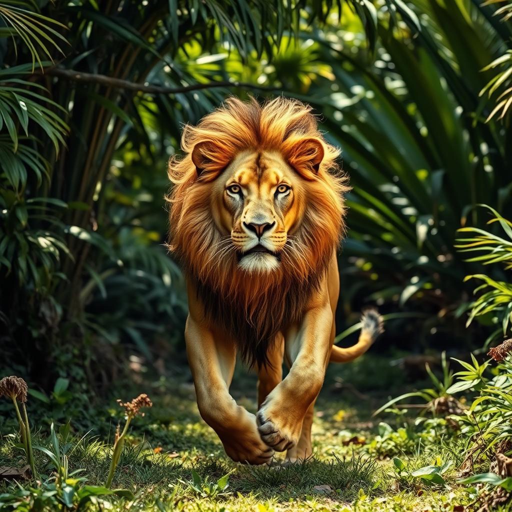 A majestic lion running out of a dense jungle, its powerful muscles rippling as it strides forward, a magnificent mane flowing in the wind