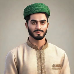 A 3D illustration of a realistic 25-year-old man named Zohaib Munir, dressed in traditional Pakistani clothing.