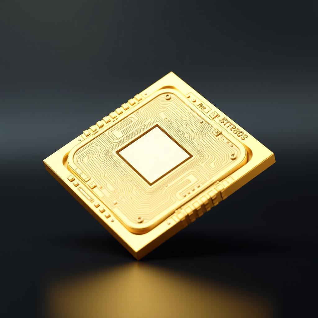 A stunning 3D rendering of a gold chip, showcasing intricate details such as its shiny texture, reflective surfaces, and complex circuitry patterns