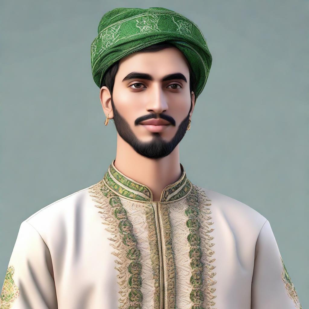 A 3D illustration of a realistic 25-year-old man named Zohaib Munir, dressed in traditional Pakistani clothing.