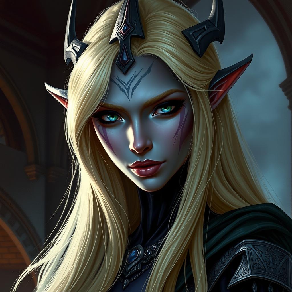 A stunning portrait of a female drow who has sworn allegiance to Lolth, showcasing her striking features