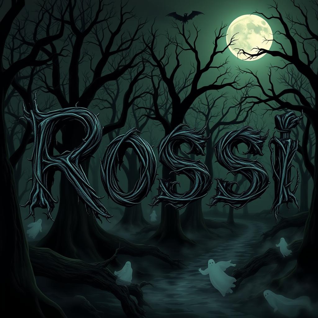A spooky and eerie scene featuring the word 'Rossi' in an ominous font