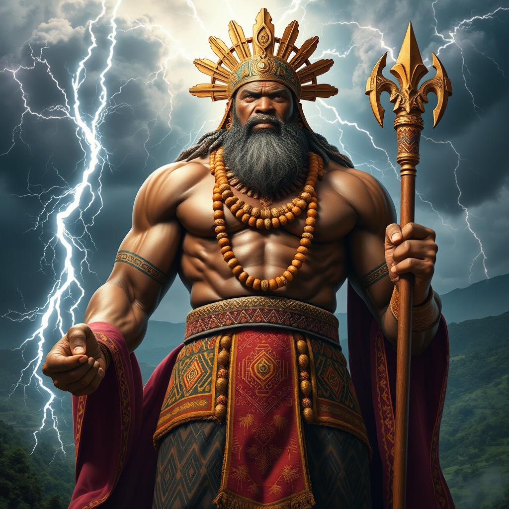 A grand and powerful representation of Amadioha, the Igbo god of thunder and lightning